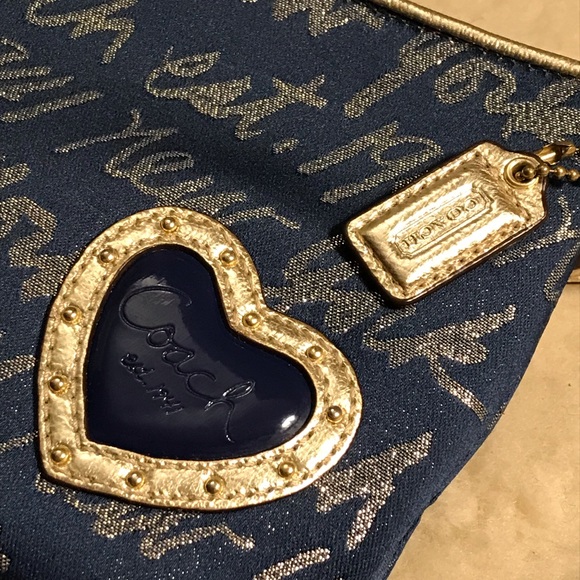 In Like-New COACH Poppy Signature Script Lurex Blue Gold Jacquard Leather Bag - Picture 4 of 14